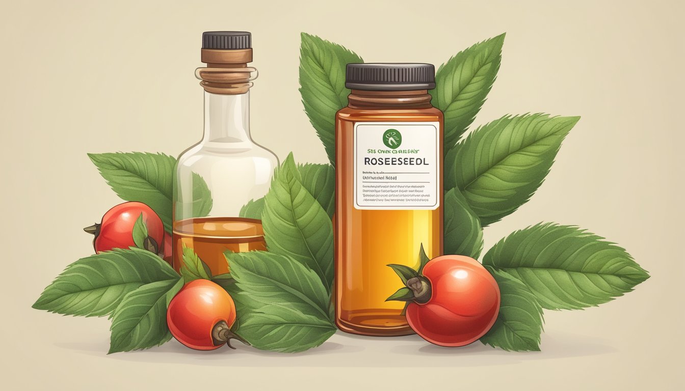 A bottle of cold pressed rosehip seed oil sits next to a collection of fresh rosehip fruits and green leaves, with a label detailing safety and application guidelines