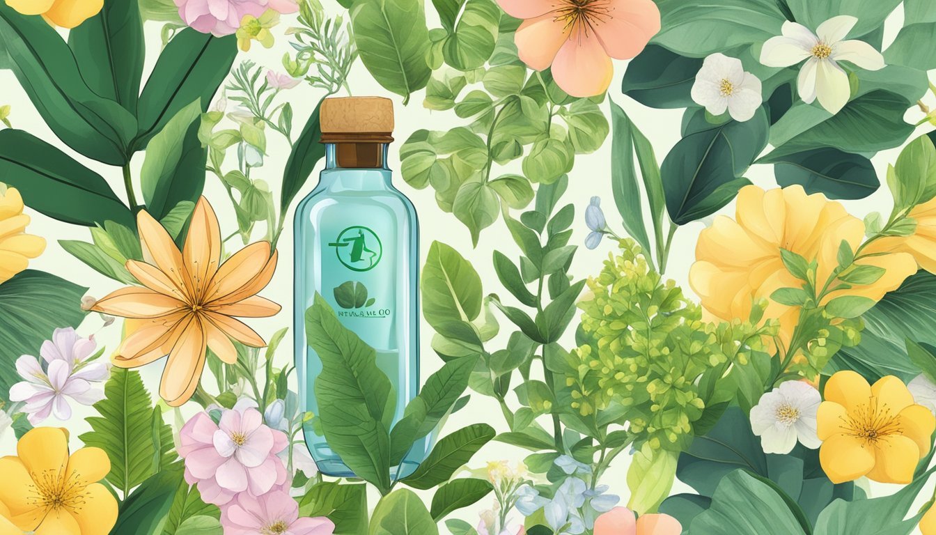 A bottle of cold pressed tamanu oil surrounded by various plants and flowers, with a symbol indicating allergy safety