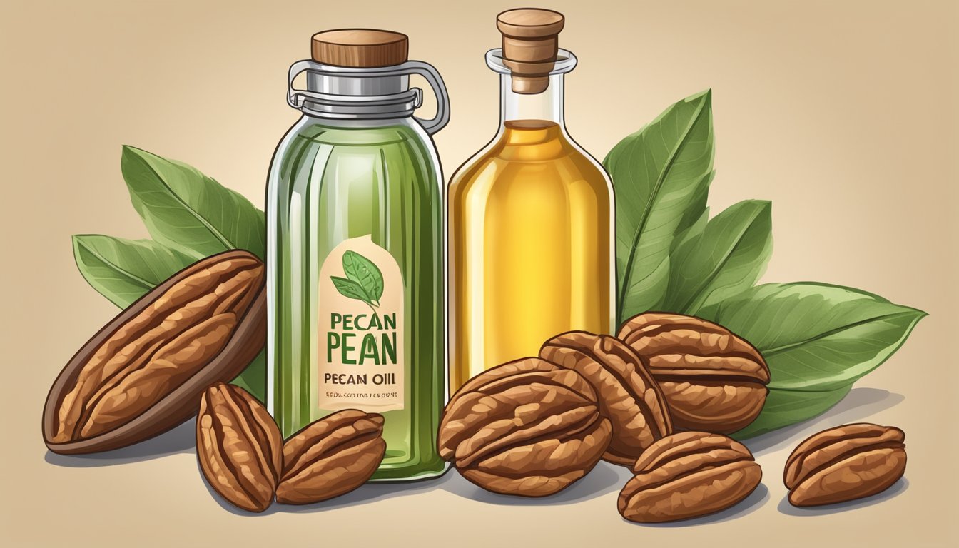 A bottle of cold pressed pecan oil surrounded by pecans, leaves, and a cooking pan, suggesting alternative uses beyond diet