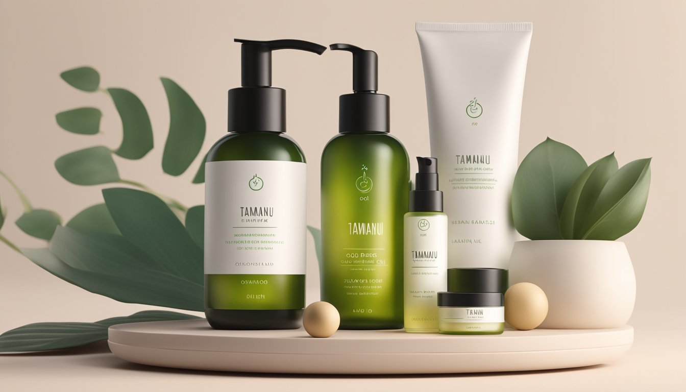 A bottle of cold pressed tamanu oil sits among various skin care products on a clean, minimalist vanity. A soft, natural light illuminates the scene