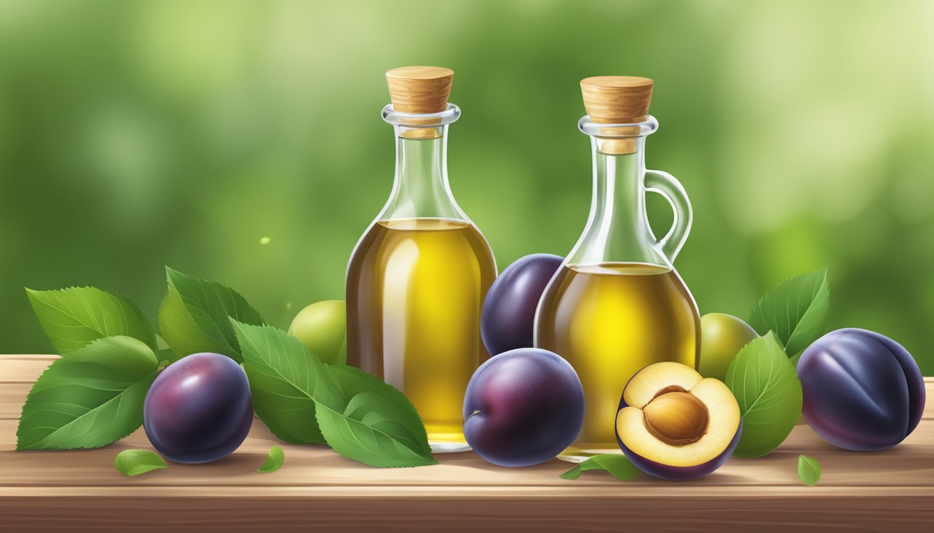 A clear glass bottle of cold pressed plum kernel oil surrounded by ripe plums and green leaves on a wooden table