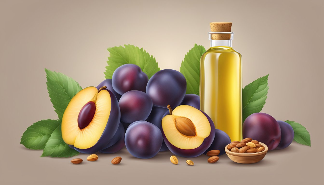 A bottle of cold pressed plum kernel oil surrounded by fresh plums and a variety of antioxidant-rich fruits and nuts