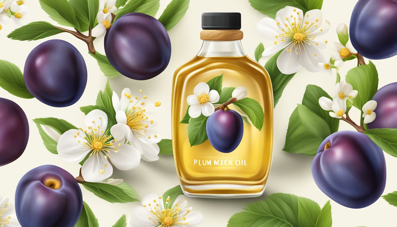 A bottle of cold pressed plum kernel oil surrounded by fresh plums and blossoms