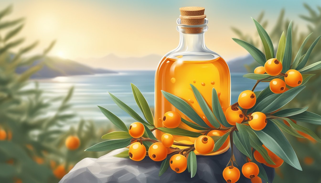 A bottle of cold-pressed sea buckthorn oil surrounded by fresh sea buckthorn berries and leaves, with a backdrop of a serene seaside landscape