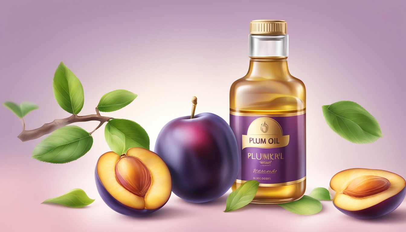 A bottle of cold pressed plum kernel oil surrounded by fresh plums and a radiant, youthful skin glowing with health