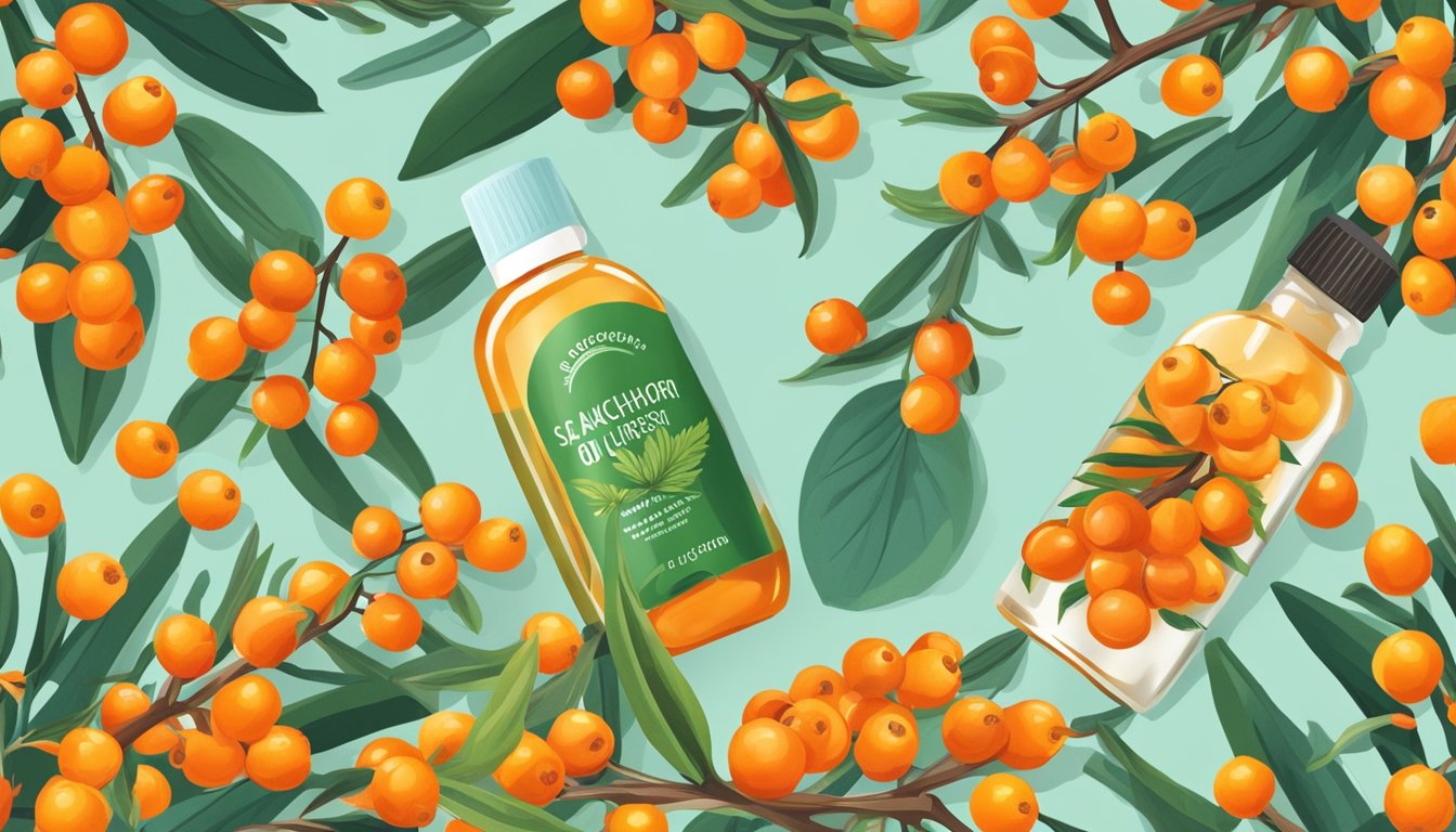 A bottle of cold pressed sea buckthorn oil surrounded by vibrant sea buckthorn berries and leaves, with a dermatologist's recommendation