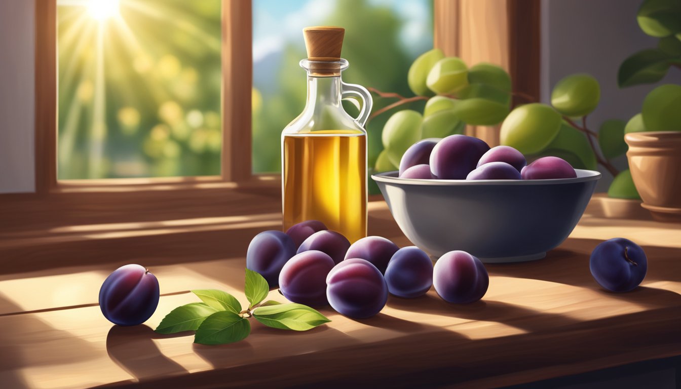 A bottle of cold pressed plum kernel oil sits on a wooden table, surrounded by fresh plums and a mortar and pestle. Sunlight streams through a nearby window, casting a warm glow over the scene