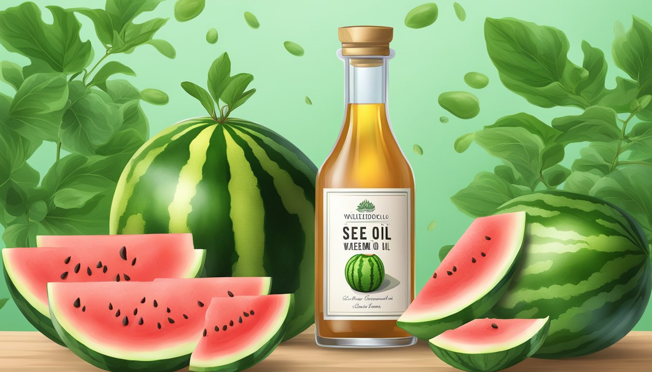 A glass bottle of cold pressed watermelon seed oil surrounded by fresh watermelon seeds and vibrant green watermelon vines