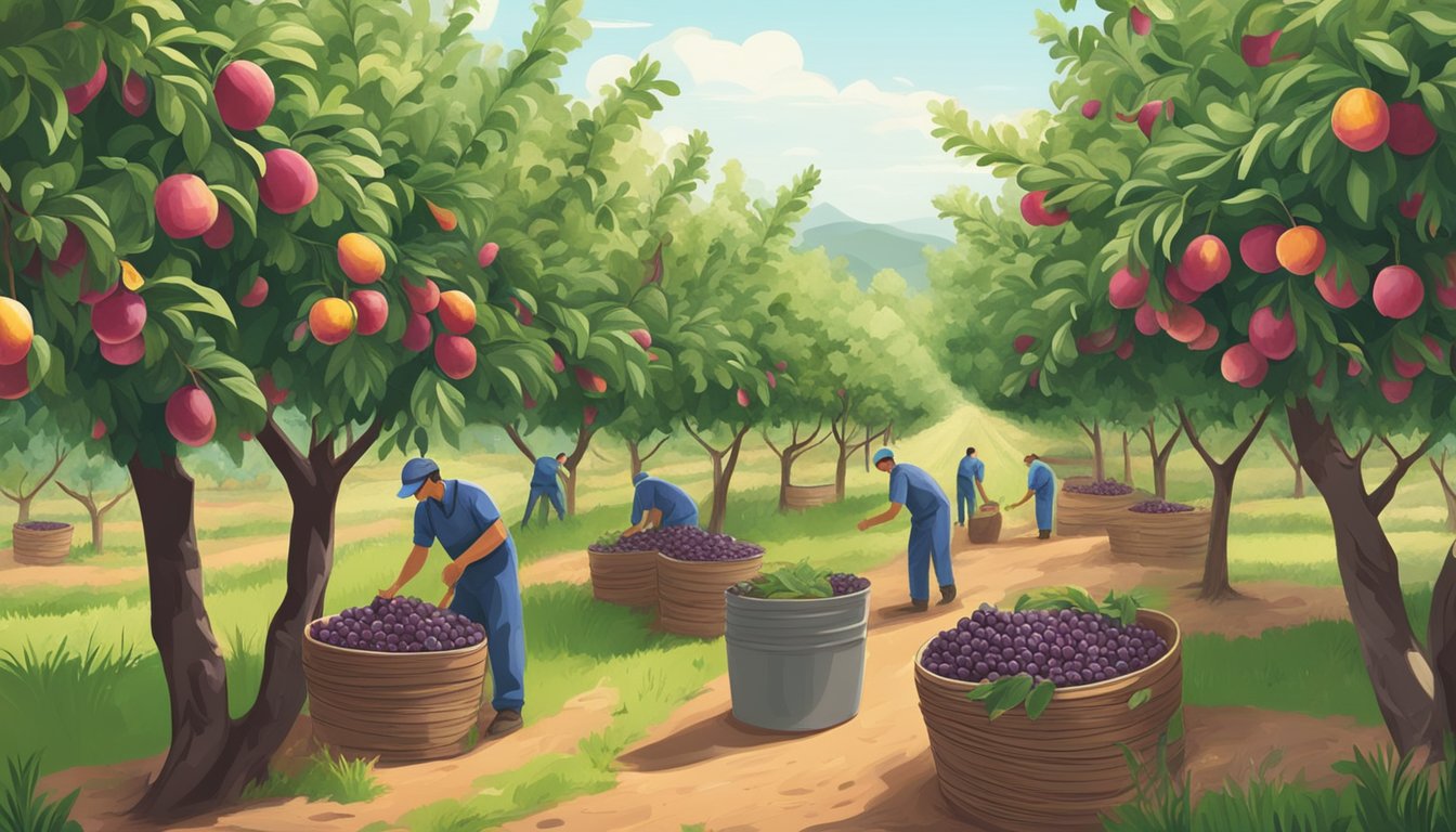 A lush plum orchard with ripe fruit being harvested, while workers use sustainable methods to extract cold pressed plum kernel oil