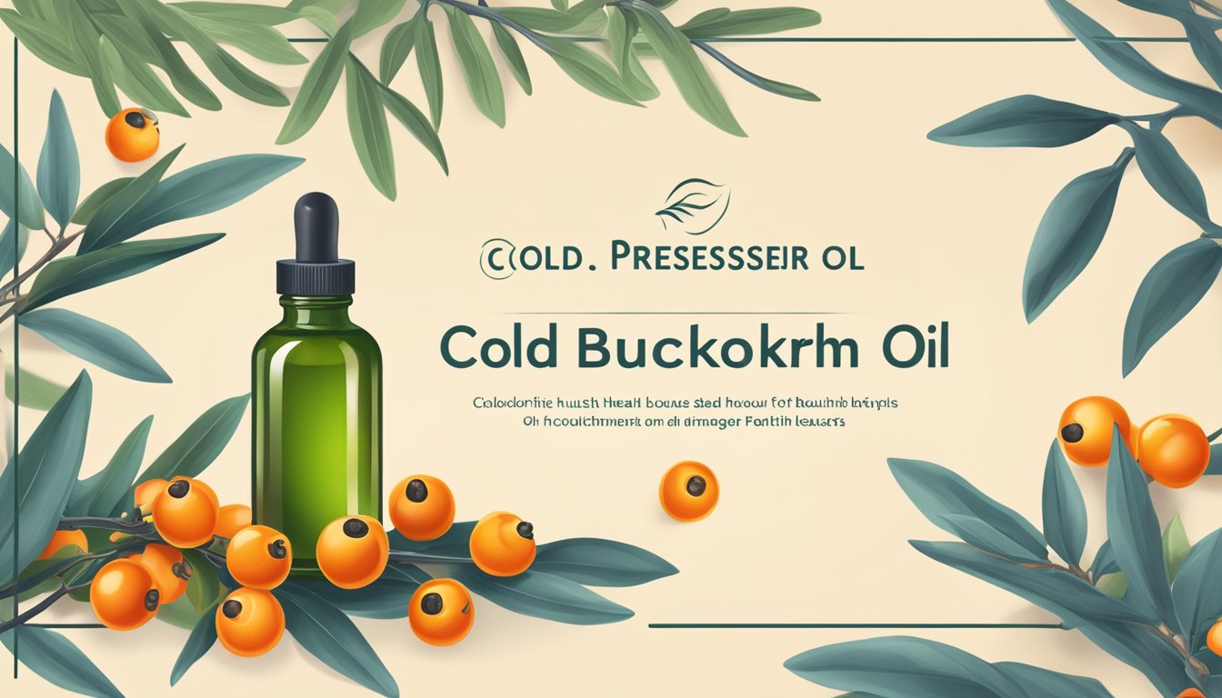 A bottle of cold pressed sea buckthorn oil surrounded by fresh sea buckthorn berries and leaves, with a safety seal and a label highlighting its health benefits