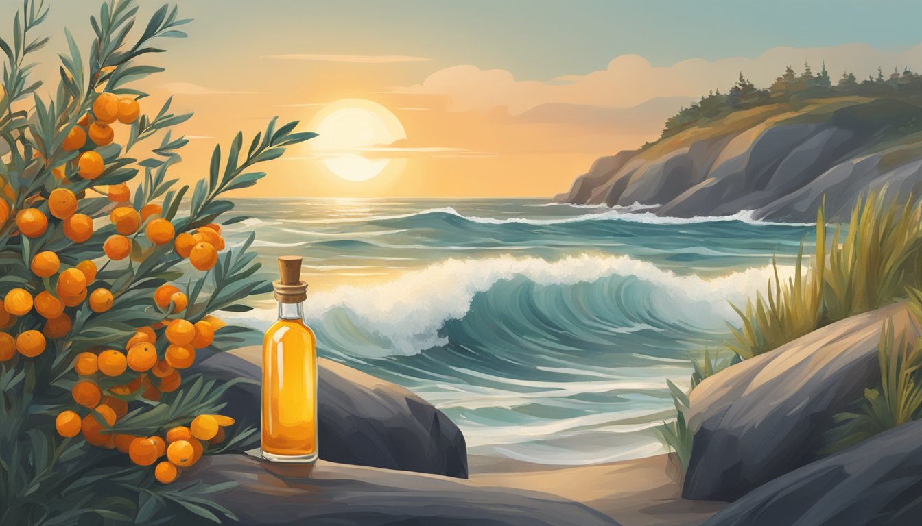 A serene coastal landscape with sea buckthorn bushes, waves crashing, and a bottle of cold pressed oil highlighted in the foreground