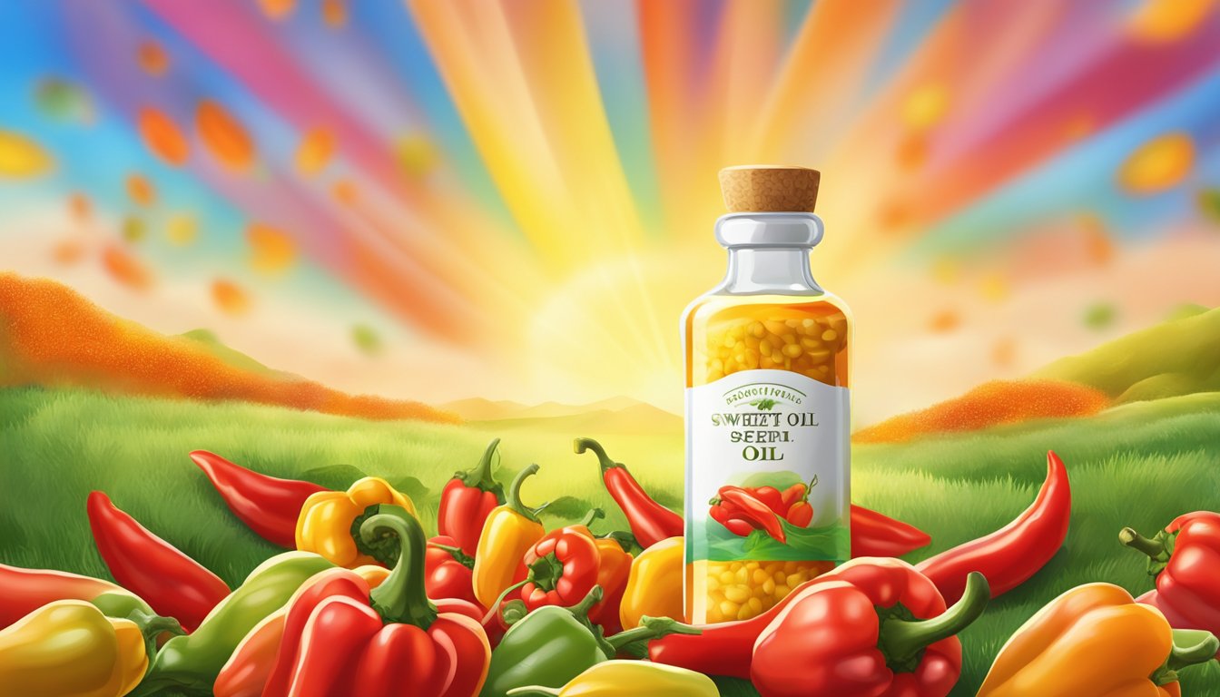 A bottle of sweet paprika seed oil surrounded by colorful, vibrant paprika seeds and ripe red paprika peppers, with a backdrop of a sunny field