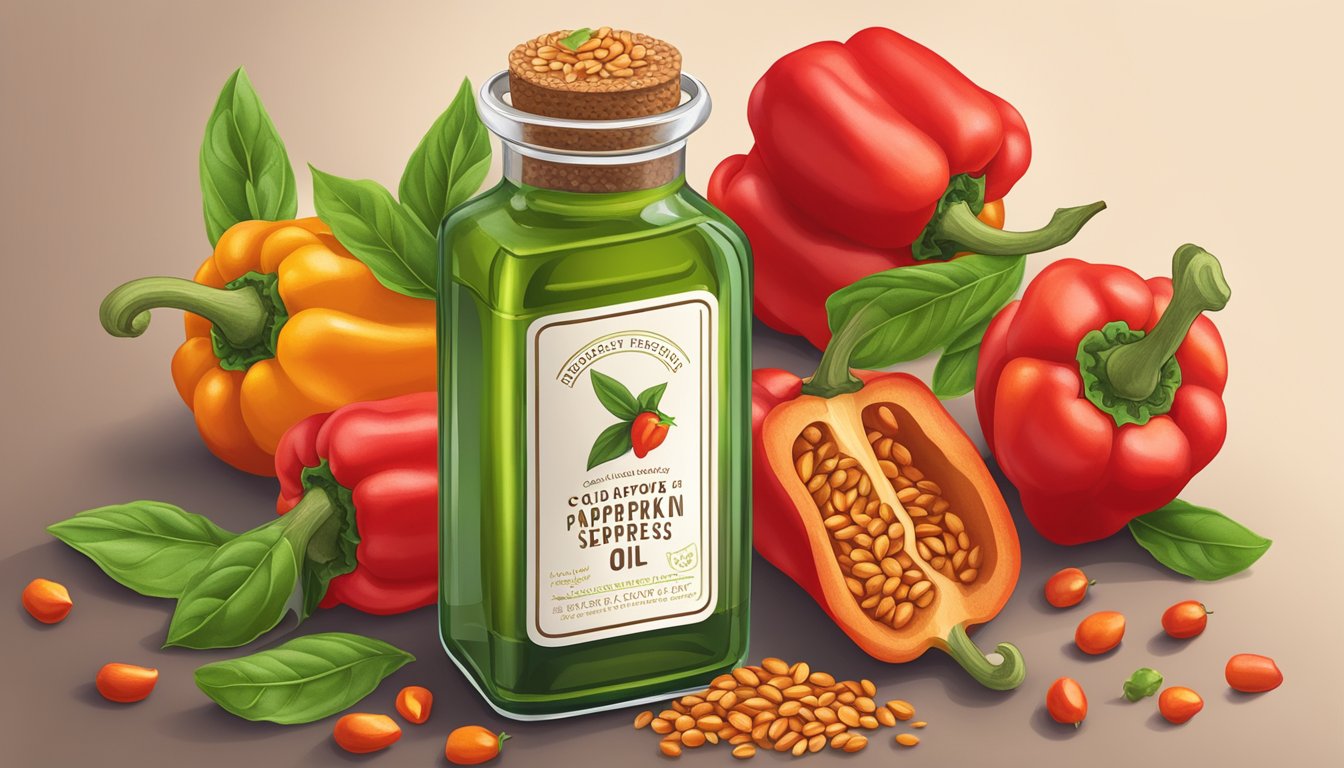 A bottle of cold pressed sweet paprika seed oil surrounded by fresh paprika seeds and vibrant red paprika peppers