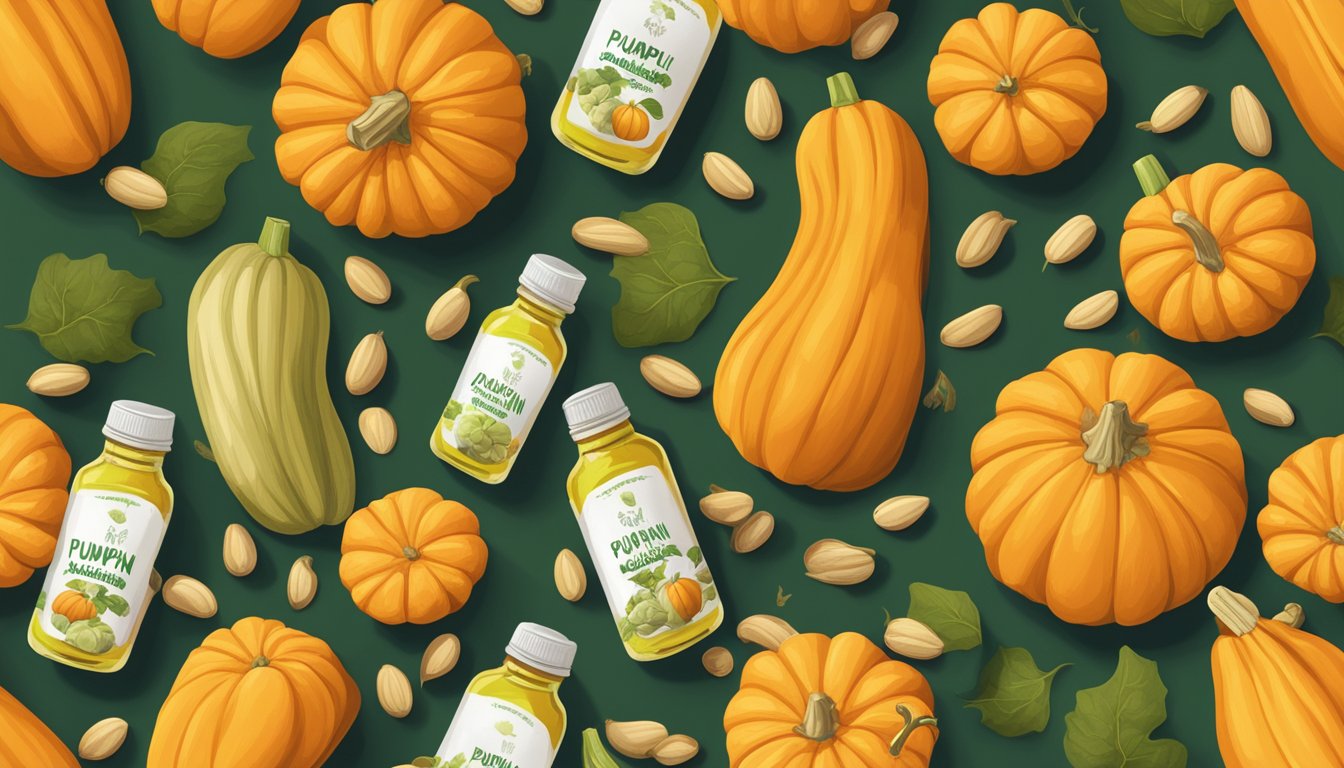 A bottle of cold pressed pumpkin seed oil surrounded by pumpkins and seeds