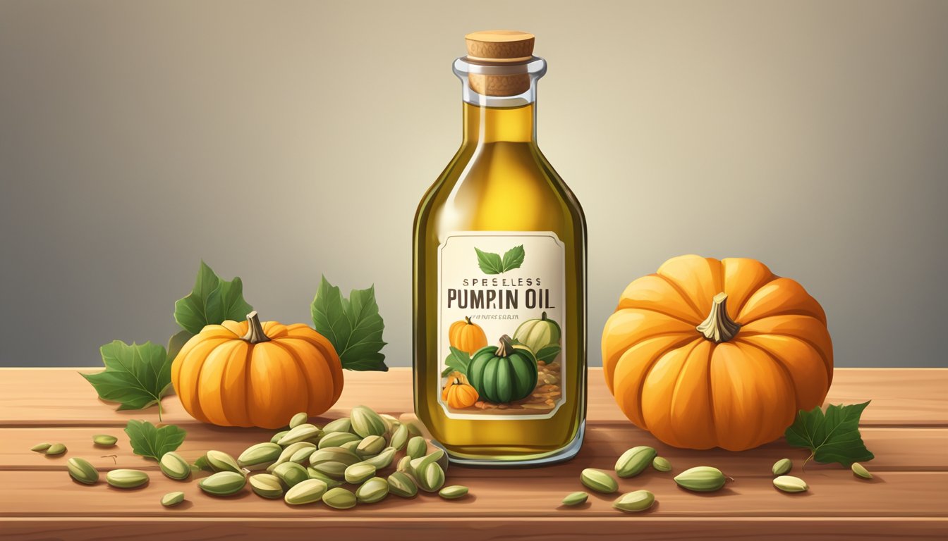 A glass bottle of cold pressed pumpkin seed oil surrounded by fresh, whole pumpkins and seeds on a wooden table