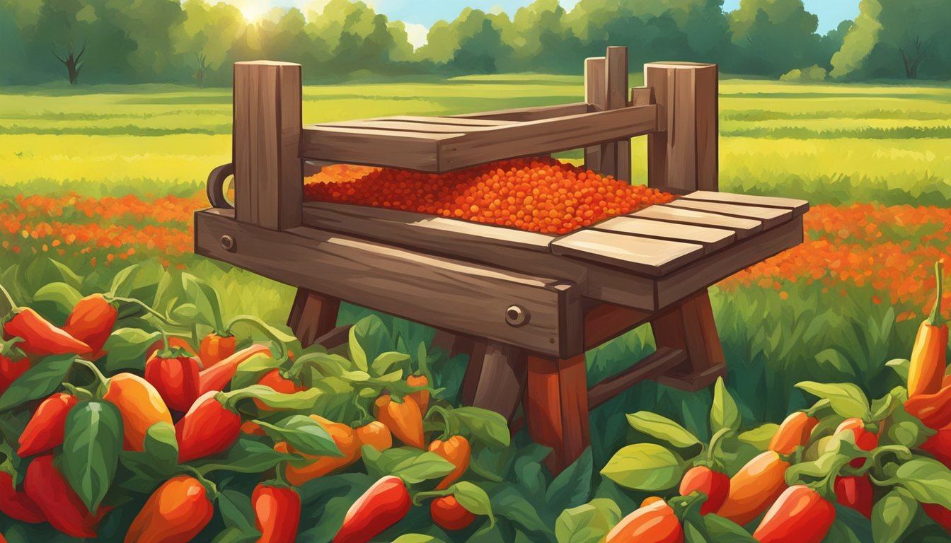 A rustic wooden press extracting oil from sweet paprika seeds, surrounded by vibrant red paprika plants in a sunny field