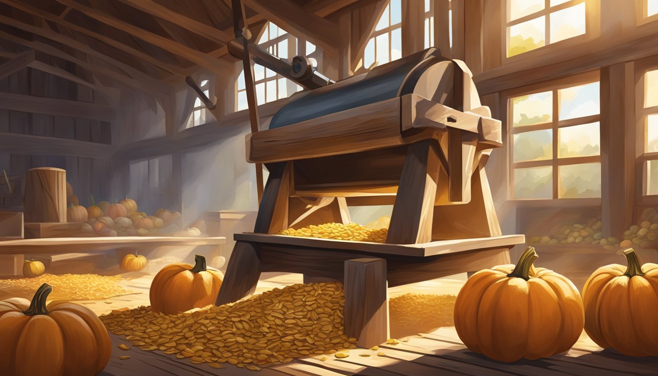 A rustic wooden press extracting oil from pumpkin seeds in a sunlit barn