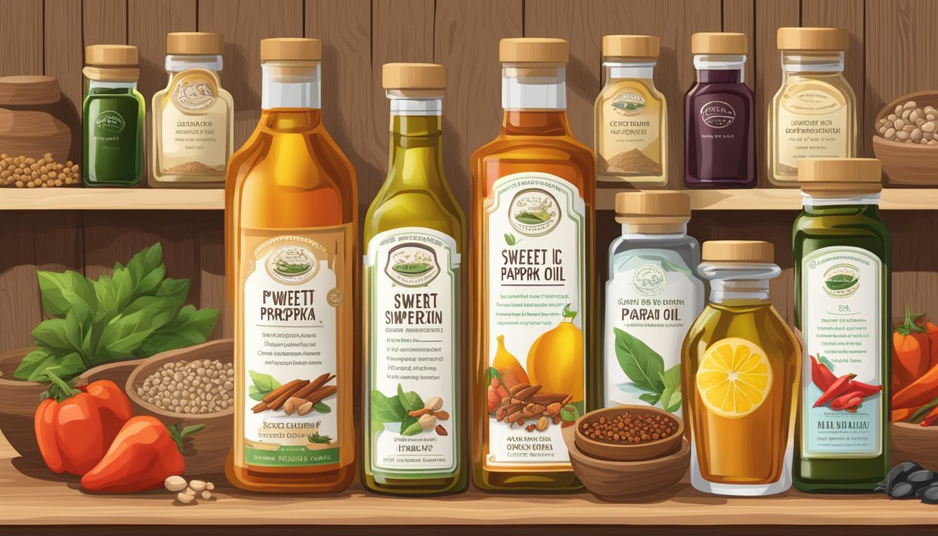 A glass bottle of cold pressed sweet paprika seed oil sits on a wooden shelf, surrounded by other cooking oils and spices. The label on the bottle highlights its health benefits