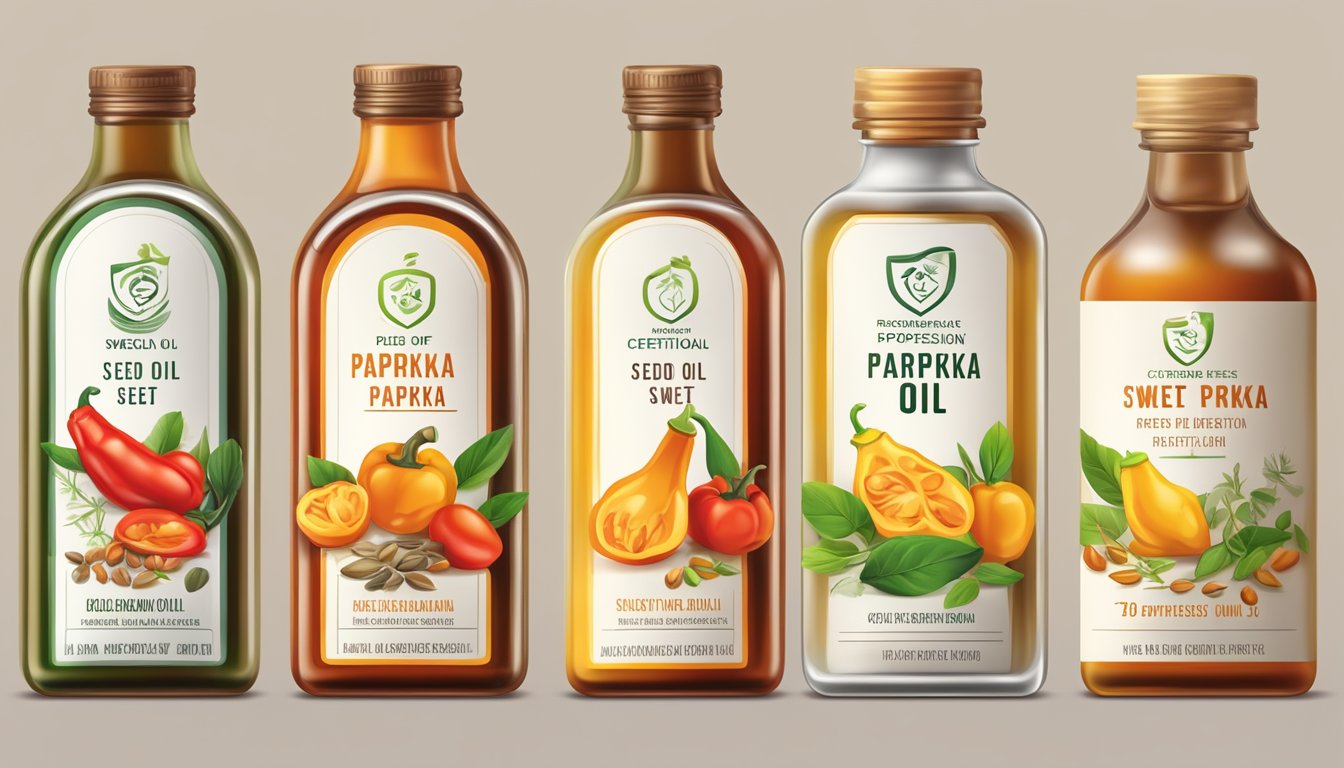 A bottle of cold pressed sweet paprika seed oil with various quality and regulatory symbols and certifications displayed prominently on the label