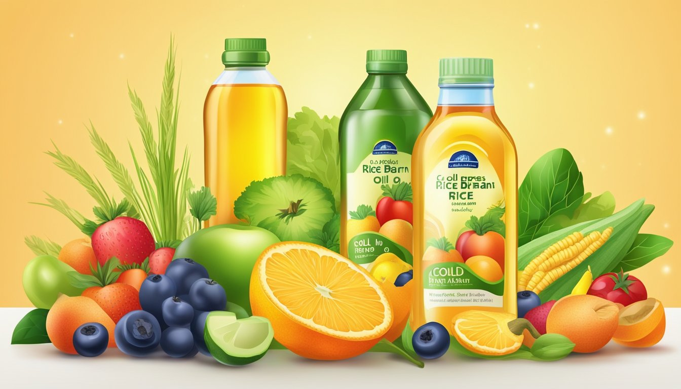 A bottle of cold pressed rice bran oil surrounded by a variety of fresh, colorful fruits and vegetables, with a bright and vibrant background