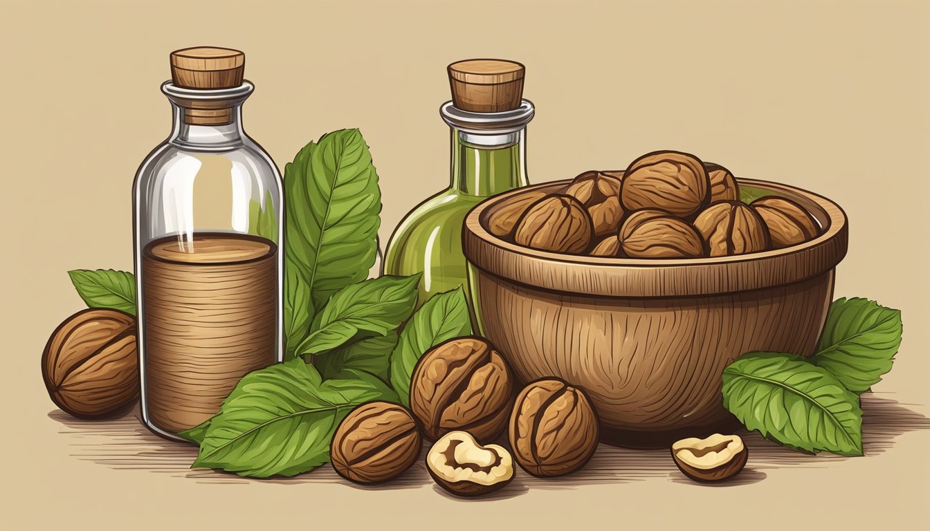 A bottle of cold pressed walnut oil surrounded by whole walnuts, fresh green leaves, and a wooden mortar and pestle