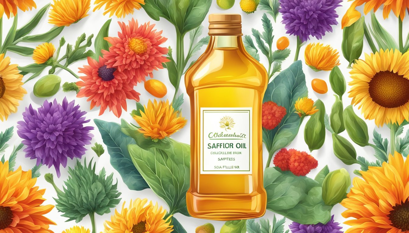 A bottle of cold pressed safflower oil surrounded by vibrant safflower flowers and a variety of colorful vegetables and fruits