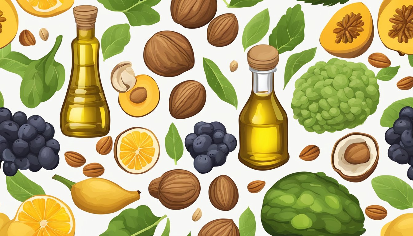 A bottle of cold pressed walnut oil surrounded by fresh walnuts and a variety of colorful fruits and vegetables, symbolizing the potential health benefits of the product