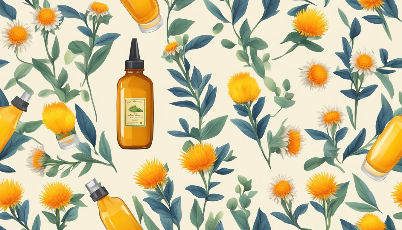 A bottle of cold pressed safflower oil surrounded by fresh safflower flowers and a blood sugar monitor