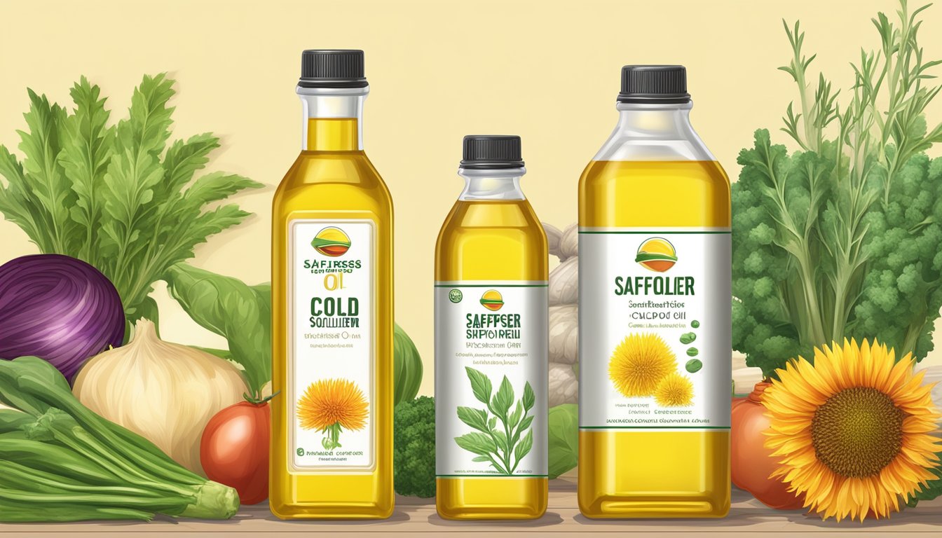 A bottle of cold pressed safflower oil stands next to other vegetable oils, with a spotlight highlighting its health benefits