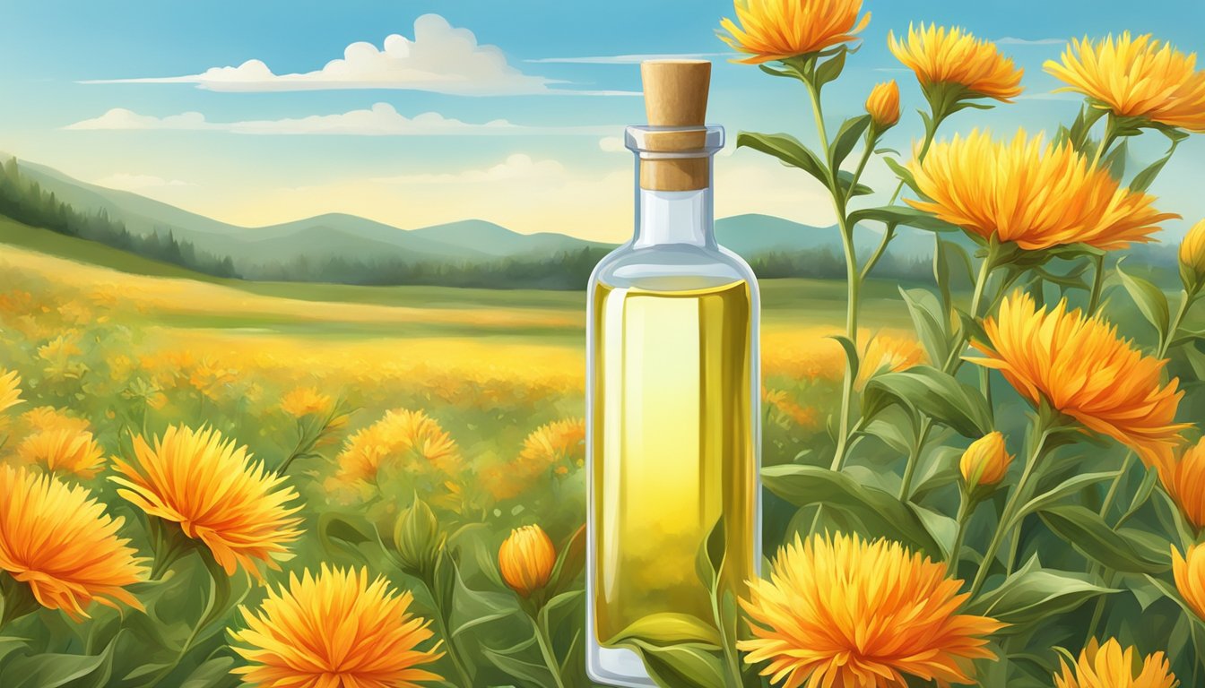 A bottle of cold pressed safflower oil surrounded by vibrant safflower flowers, with a backdrop of a sunny field