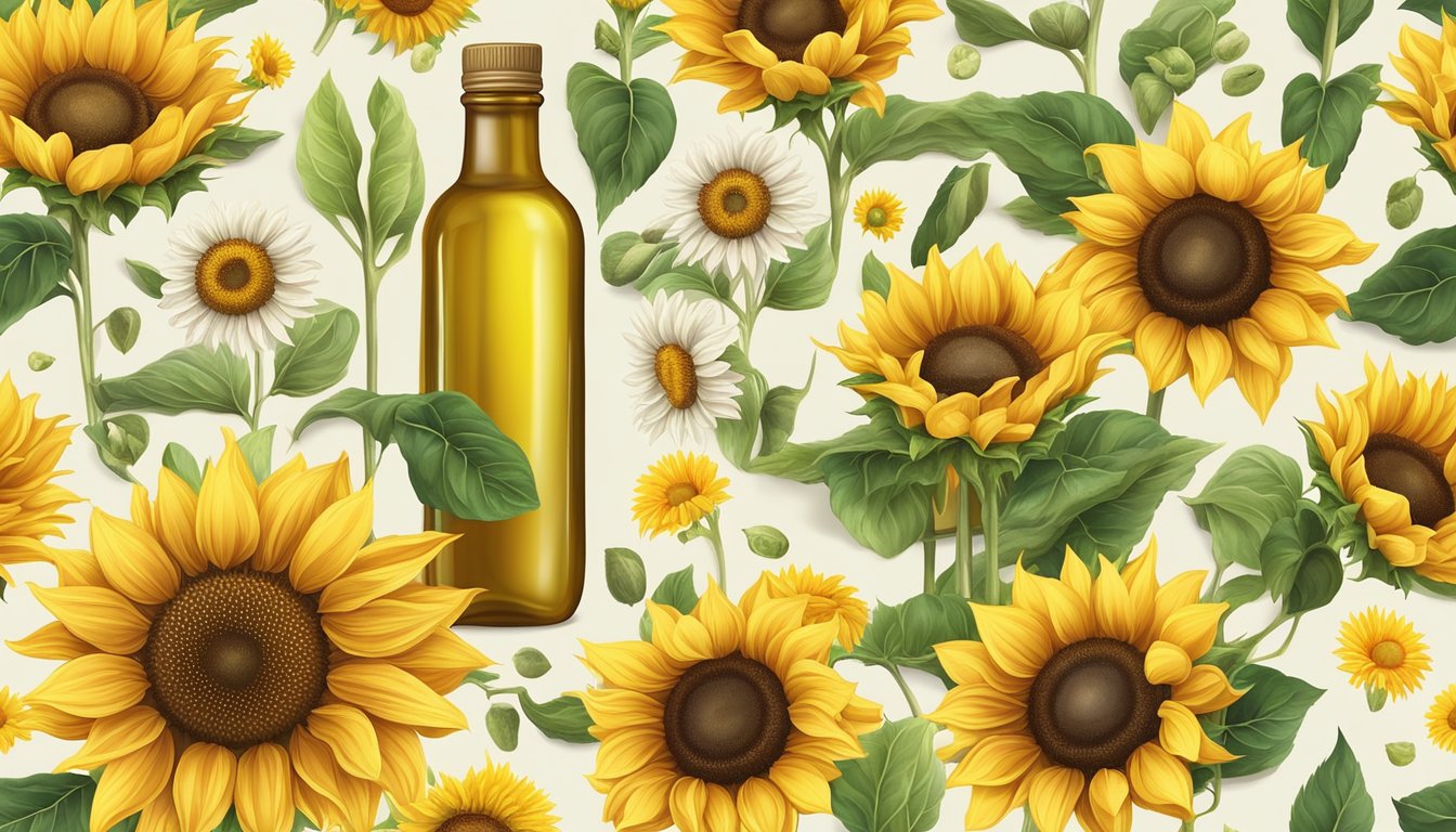 A bottle of cold pressed sunflower oil surrounded by sunflowers and a variety of healthy foods