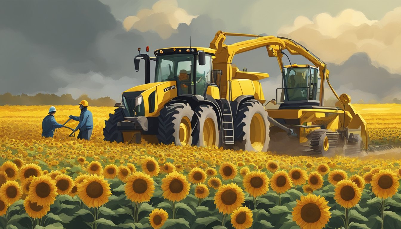 A sunflower field with bright yellow flowers being harvested, with workers wearing protective gear and machinery extracting oil