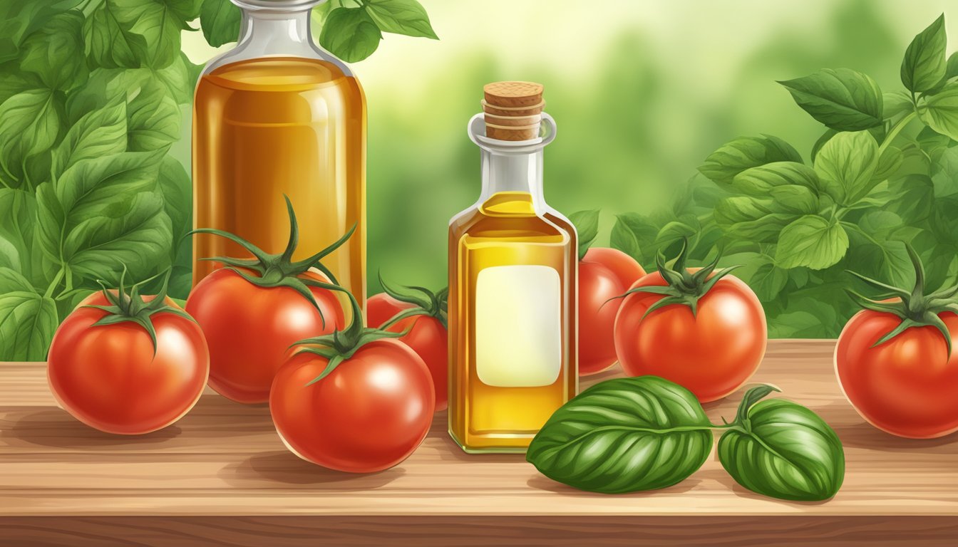 A bottle of cold pressed tomato seed oil surrounded by fresh tomatoes and green leaves on a wooden cutting board