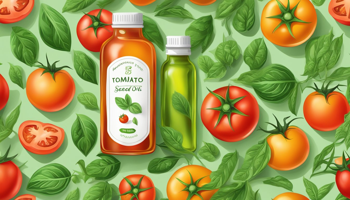 A bottle of cold pressed tomato seed oil surrounded by fresh tomatoes and green leaves