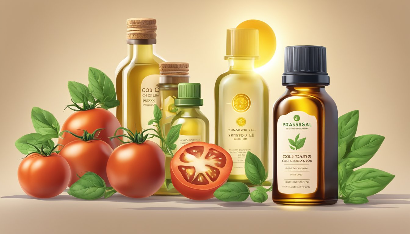 A bottle of cold pressed tomato seed oil stands next to other oils, with a spotlight highlighting its health benefits