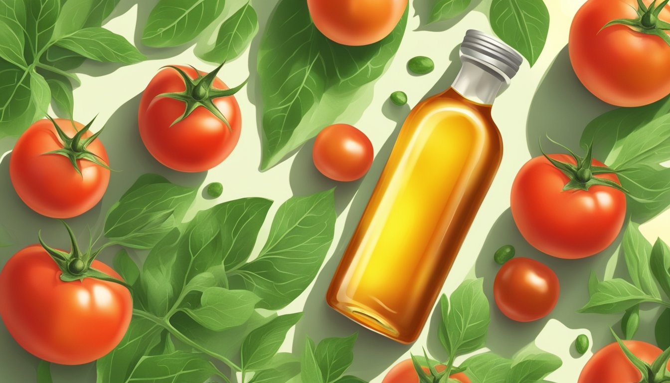 A bottle of cold pressed tomato seed oil surrounded by fresh tomatoes and green leaves, with rays of sunlight shining down on the scene