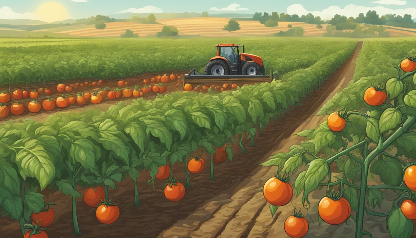 A field of ripe tomato plants being harvested for cold-pressed oil production, with sustainable farming practices evident