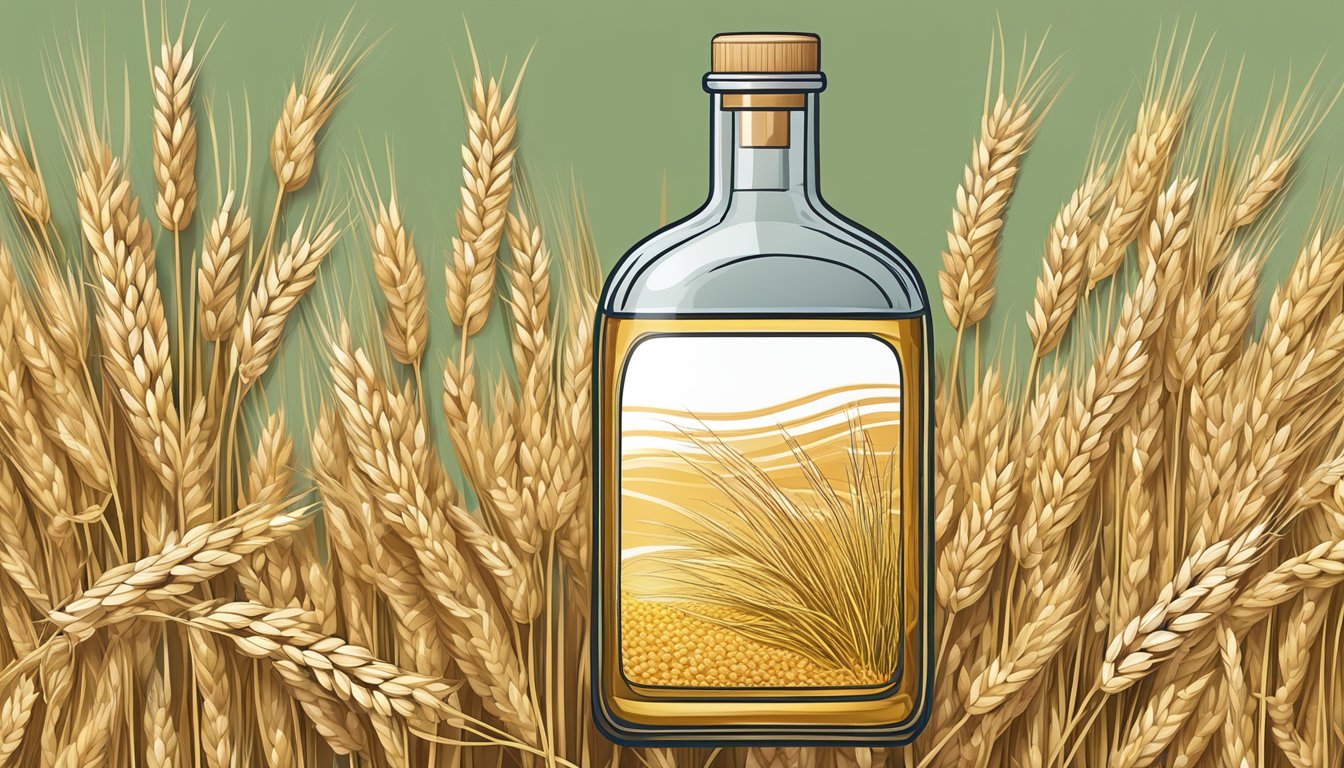 A bottle of cold pressed wheat germ oil surrounded by ripe wheat stalks and healthy digestive system organs