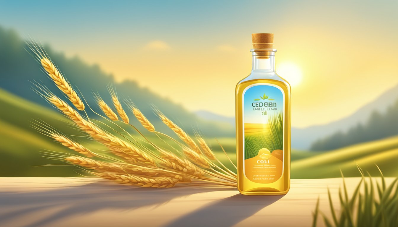 A bottle of cold pressed wheat germ oil surrounded by wheat plants and golden sunlight