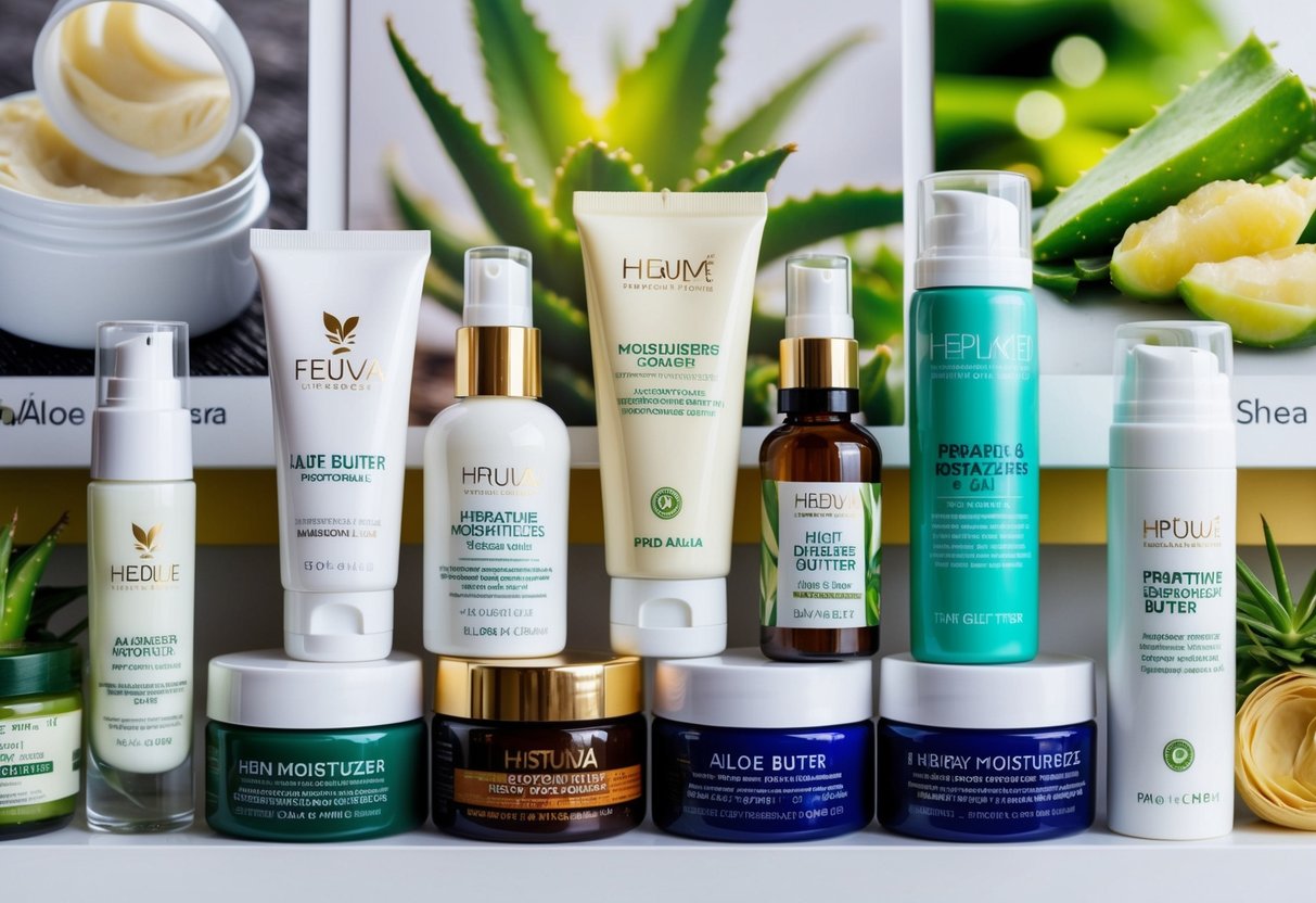 A variety of moisturizers displayed on a shelf, with different textures and packaging, surrounded by images of hydrating ingredients like aloe vera and shea butter