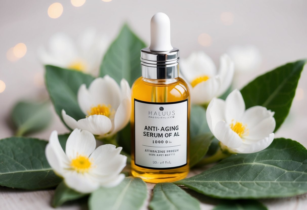 A glass bottle of anti-aging serum surrounded by delicate, soft-focus flowers and leaves