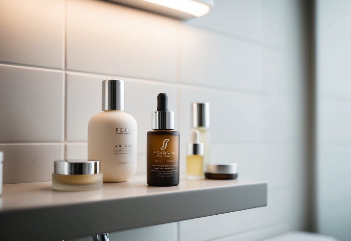 A serene, minimalist bathroom shelf with a sleek bottle of anti-aging serum, surrounded by soft lighting and a few carefully arranged skincare accessories