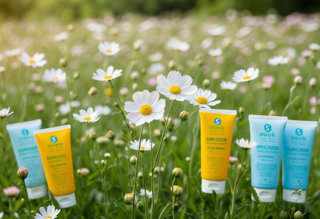 A gentle breeze ripples through a field of delicate flowers, surrounded by sunscreens labeled for sensitive skin