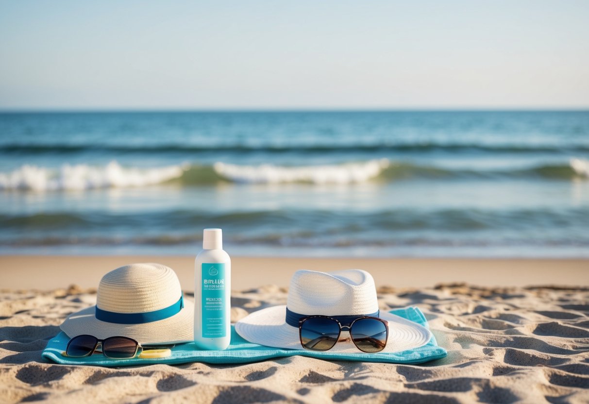 A serene beach with calm waves, a gentle breeze, and a clear sky. A bottle of sunscreen for sensitive skin sits on a towel next to a sun hat and sunglasses