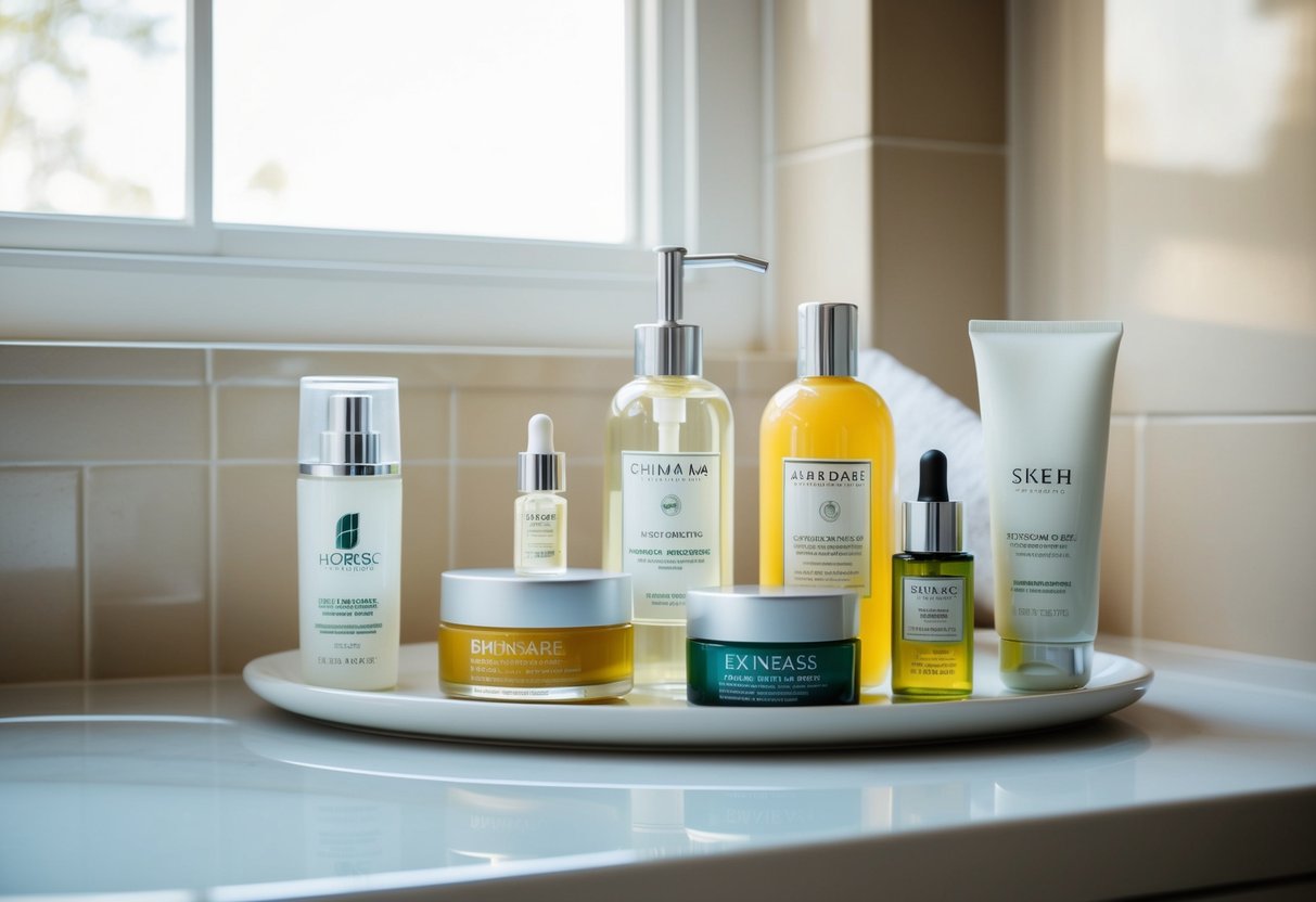 A collection of skincare products arranged neatly on a bathroom counter, with natural light streaming in through a window