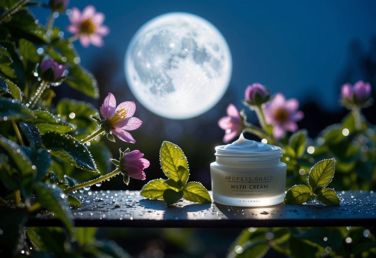 A moonlit garden with blooming flowers and dew-covered leaves, casting a soft glow on a jar of night cream