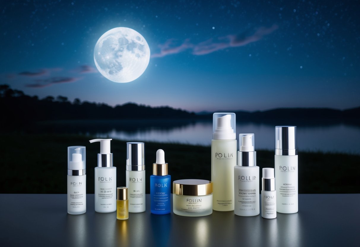 A serene nighttime landscape with a moonlit sky and a variety of skincare products arranged neatly on a table