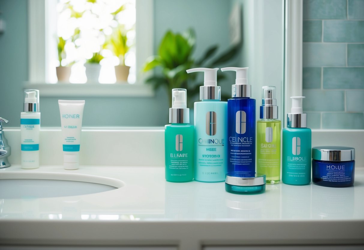 A serene bathroom counter with acne-fighting skincare products neatly arranged, including cleansers, toners, spot treatments, and moisturizers