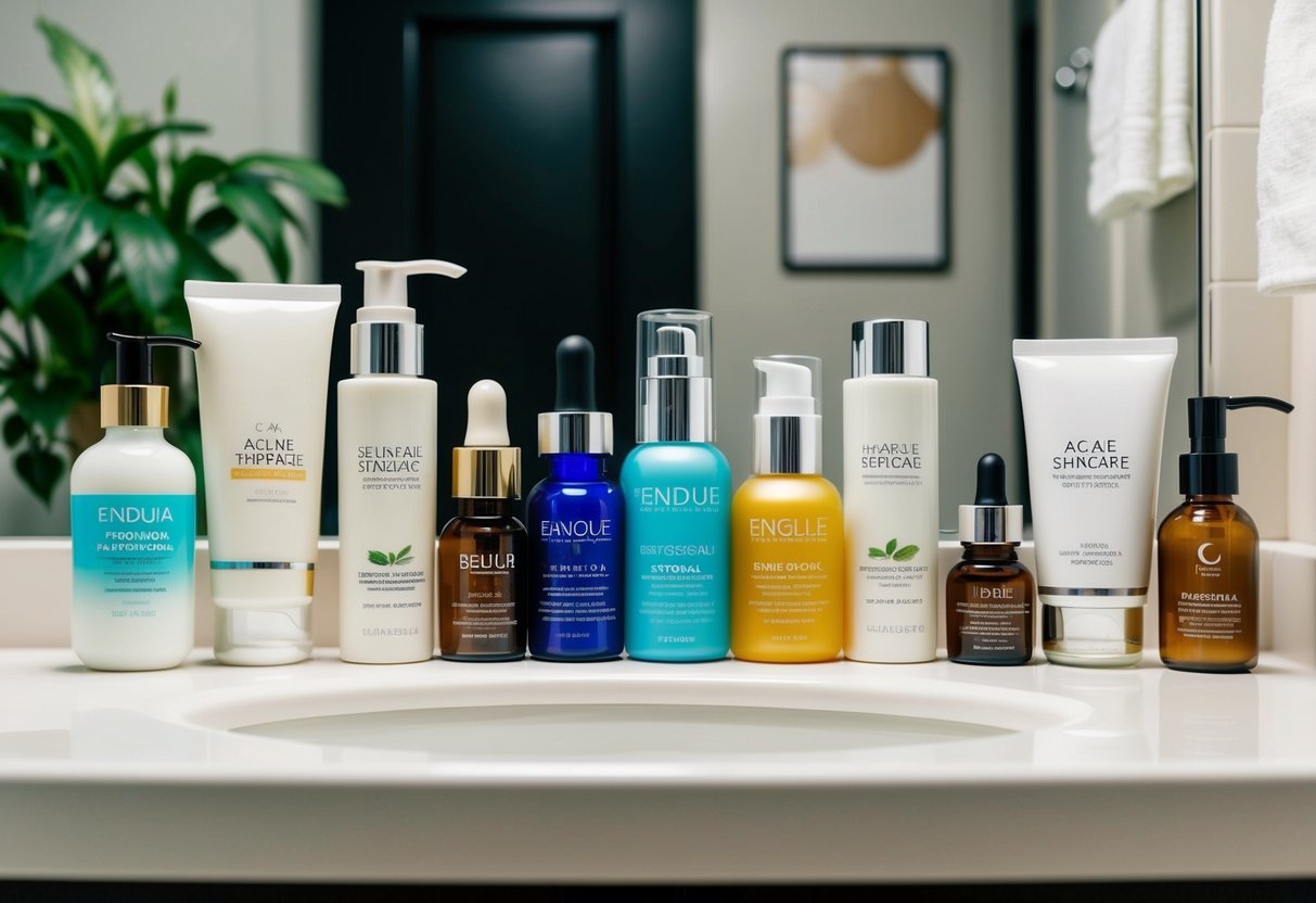 A variety of skincare products arranged neatly on a bathroom counter, including bottles of topical treatments and ingredients specifically designed for acne-prone skin