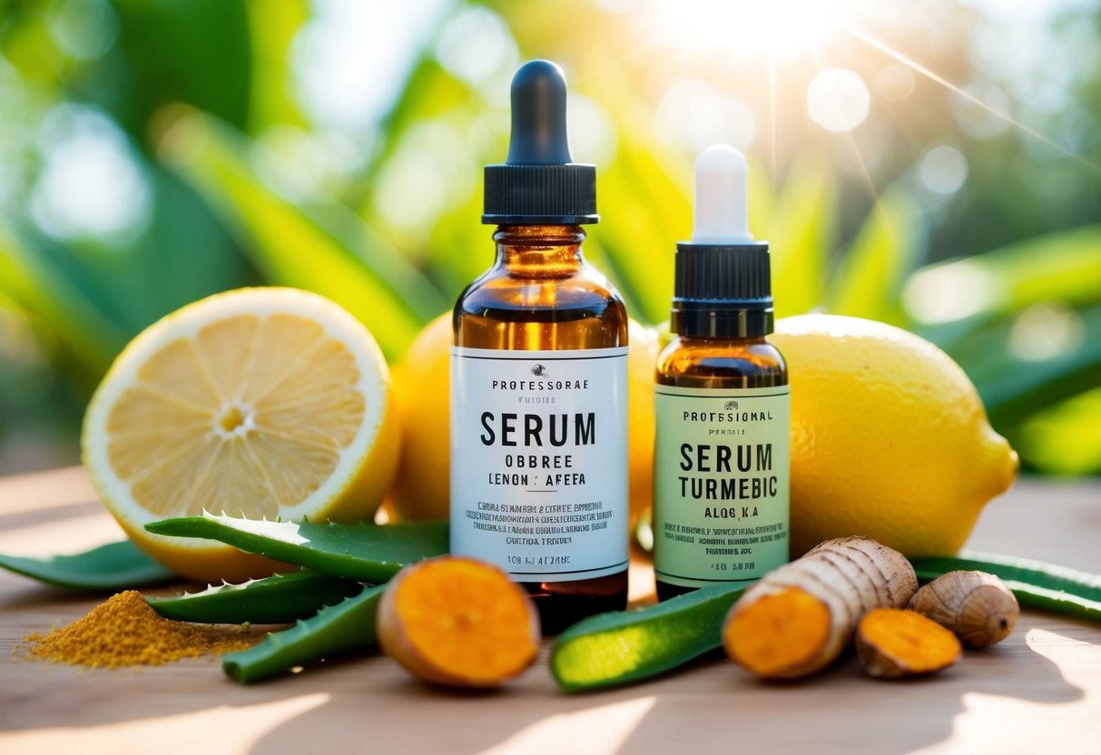 A bottle of serum surrounded by various natural ingredients like lemon, aloe vera, and turmeric, with sunlight shining on them